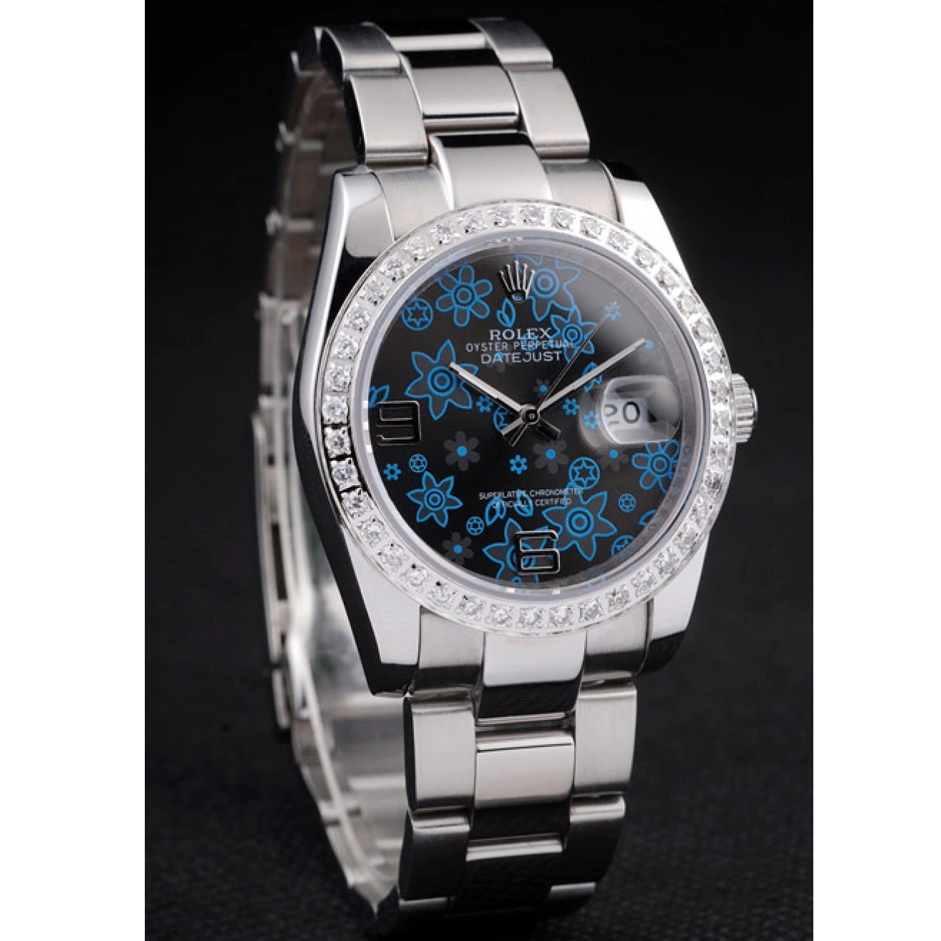 Aaa replica watch Datejust Plated Dark Diamond Rolex Polished Dial Flowers Stainless Blue Steel 0714
